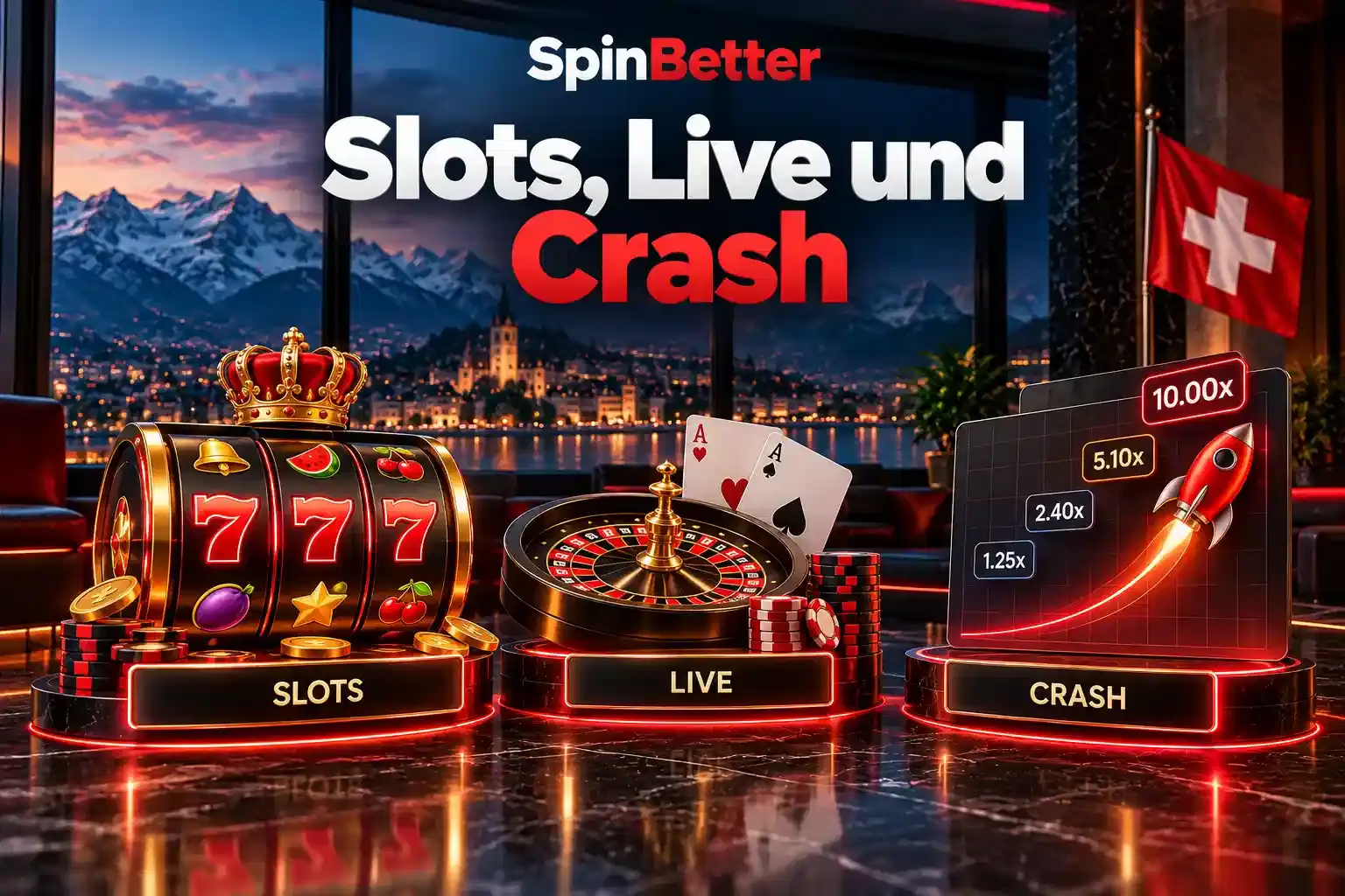 Drei Podeste mit Slot-Walze, Roulettekessel mit Karten und Crash-Kurve vor Schweizer Bergkulisse