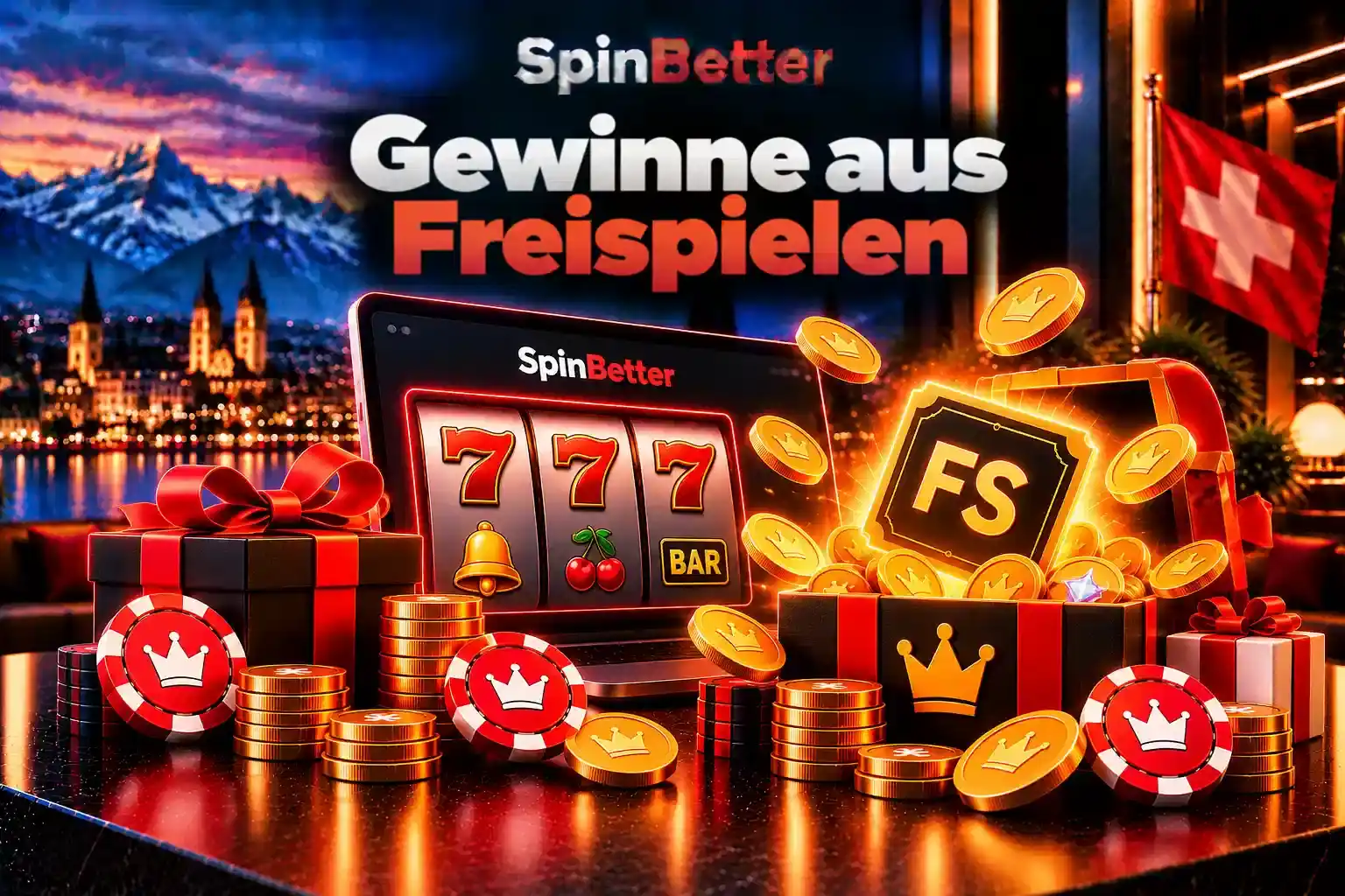 Slot mit drei Sieben auf dem Tablet, daneben geöffnete Geschenkbox mit FS-Ticket und Münzen