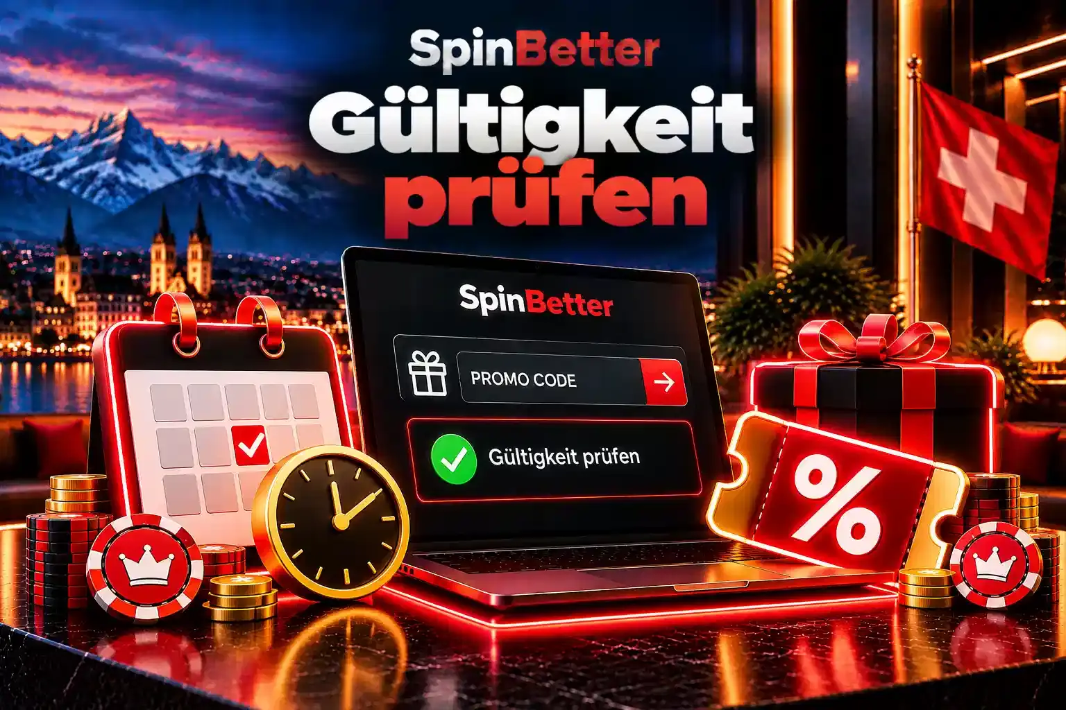 Laptop mit Feld «Promo Code» und Häkchen bei «Gültigkeit prüfen», daneben Kalender, Uhr und Rabatt-Ticket