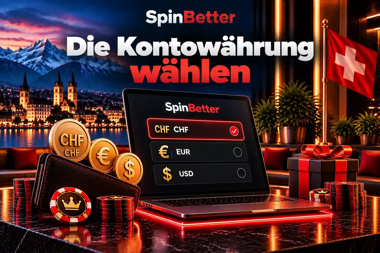 Laptop mit Währungsauswahl CHF, EUR und USD, daneben Münzen und Geldbörse