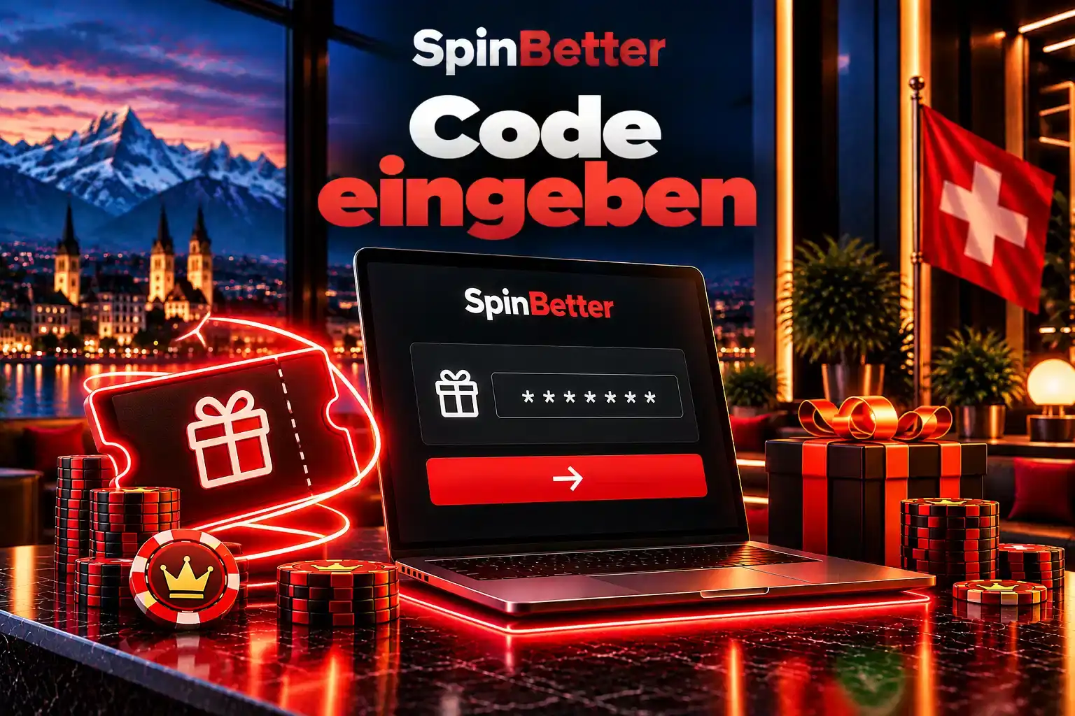 Laptop mit Eingabefeld für den Willkommenscode, daneben Gutschein-Symbol und Jetons