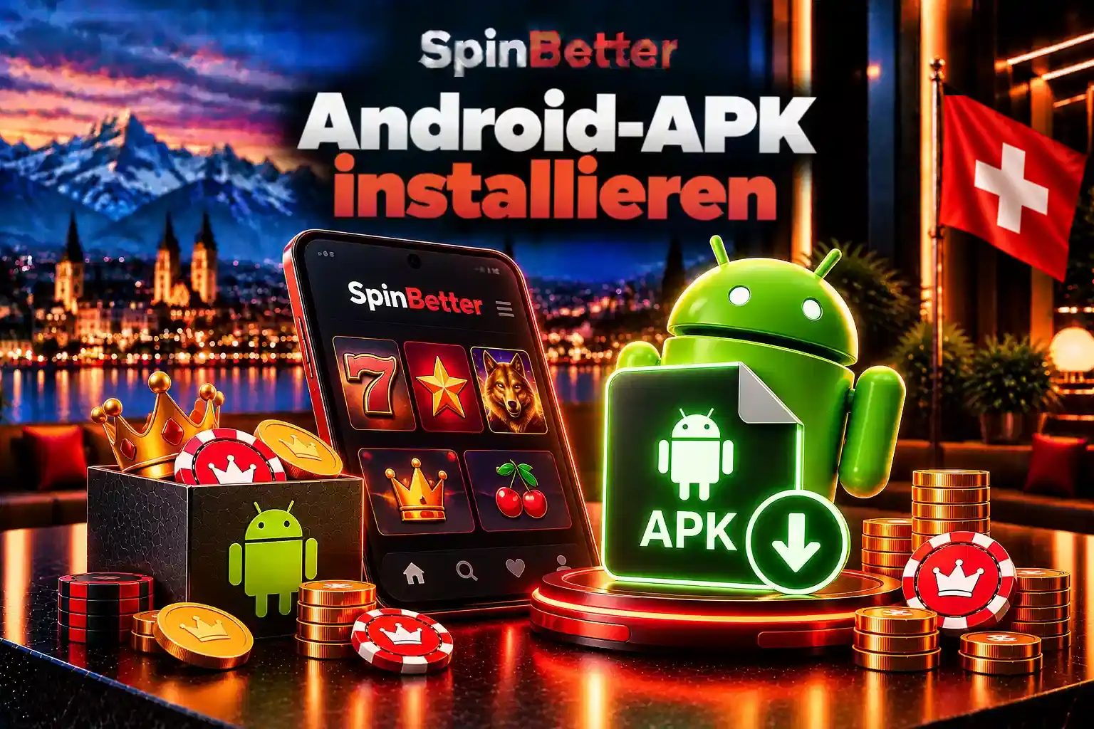 Smartphone mit Slot-Lobby, daneben Android-Figur mit APK-Datei und Download-Pfeil