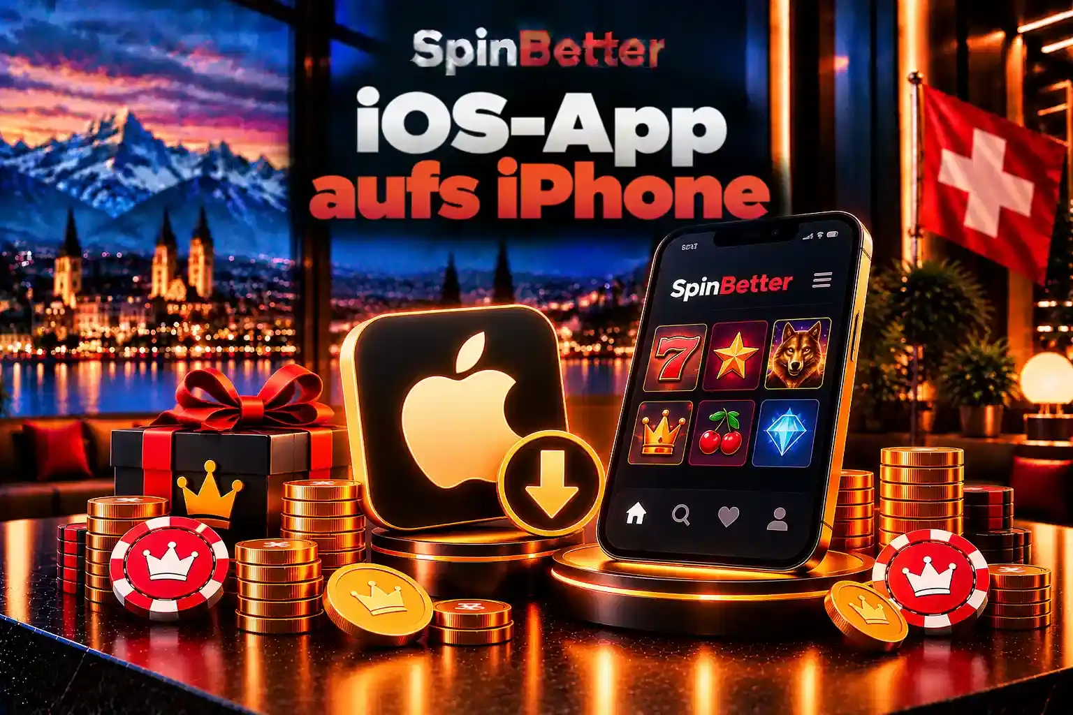 iPhone mit Slot-Auswahl neben Apple-Symbol mit Download-Pfeil, Geschenkbox und Jetons