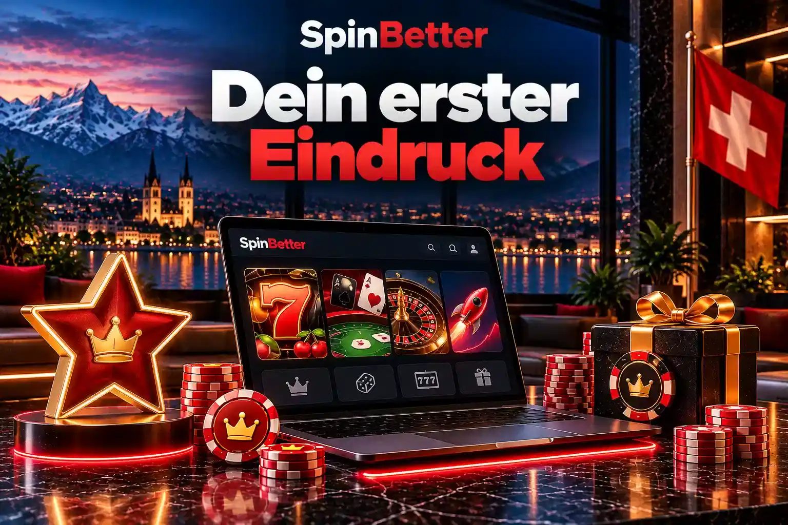 Laptop mit der SpinBetter Lobby, davor Jetons, Geschenkbox und Schweizer Flagge am Seeufer