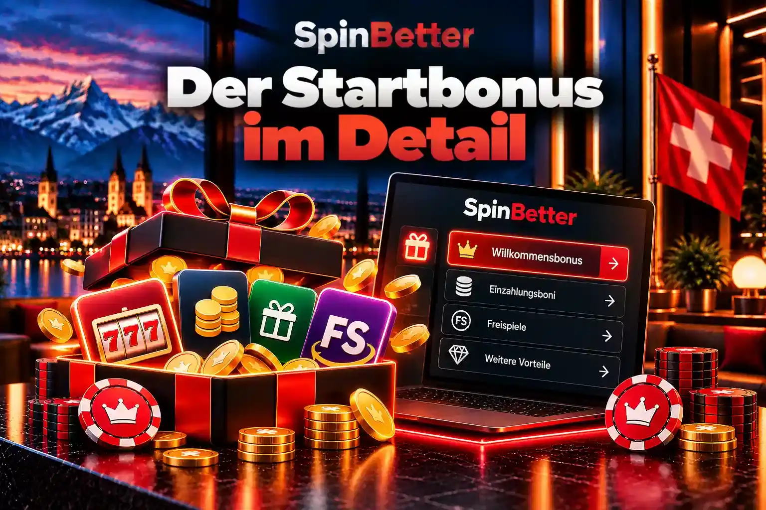 Geschenkbox mit Slot, Münzen und Freispiel-Symbol neben dem Bonus-Menü der Lobby