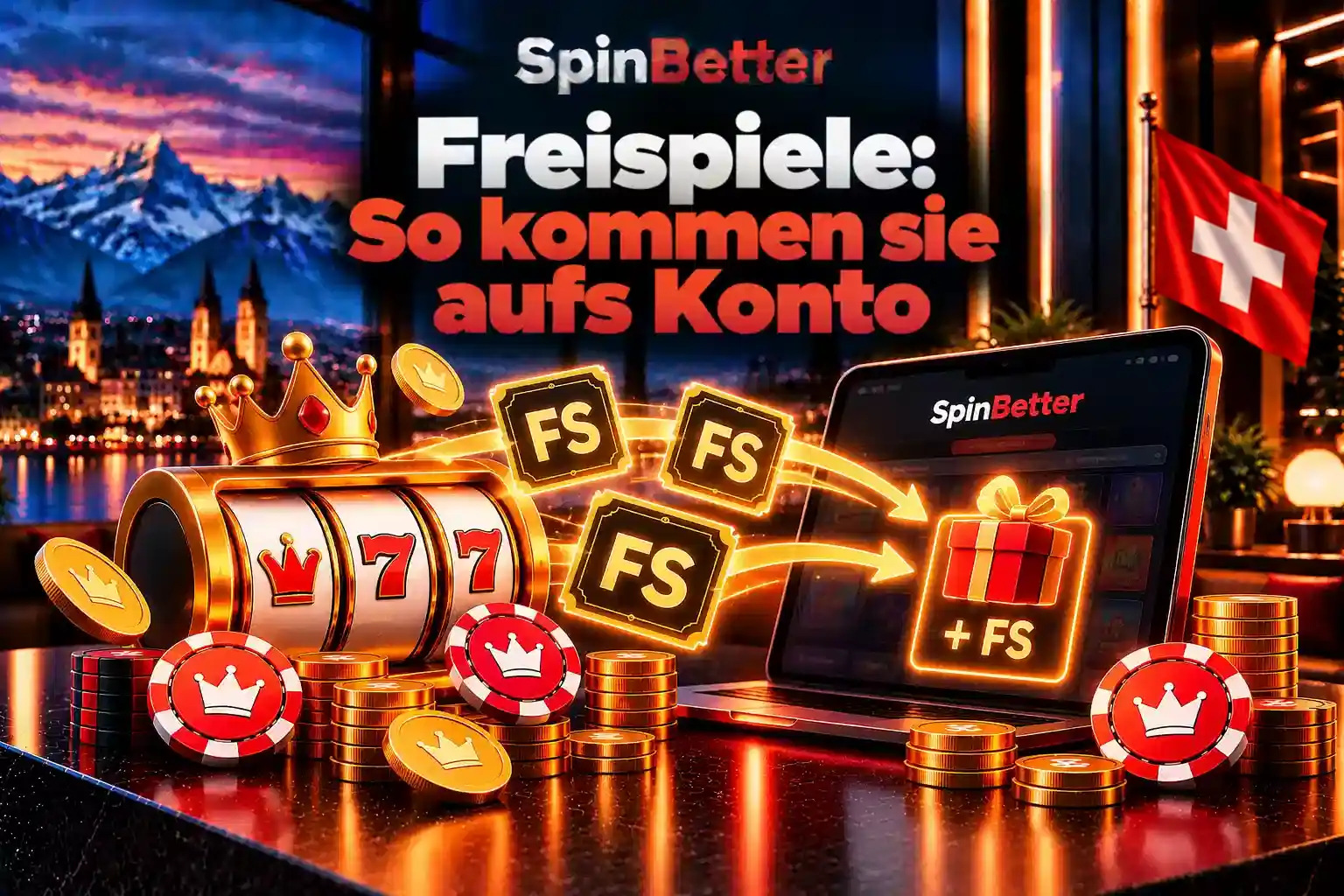 Goldene Slot-Walze mit Krone, FS-Tickets fliegen auf ein Geschenk-Symbol im Tablet