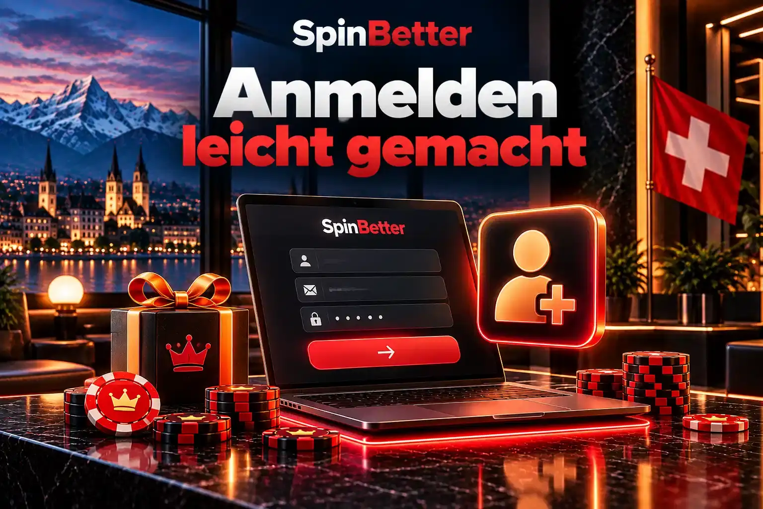 Laptop mit Anmeldemaske, Benutzer-Symbol und Geschenkbox vor Schweizer Skyline