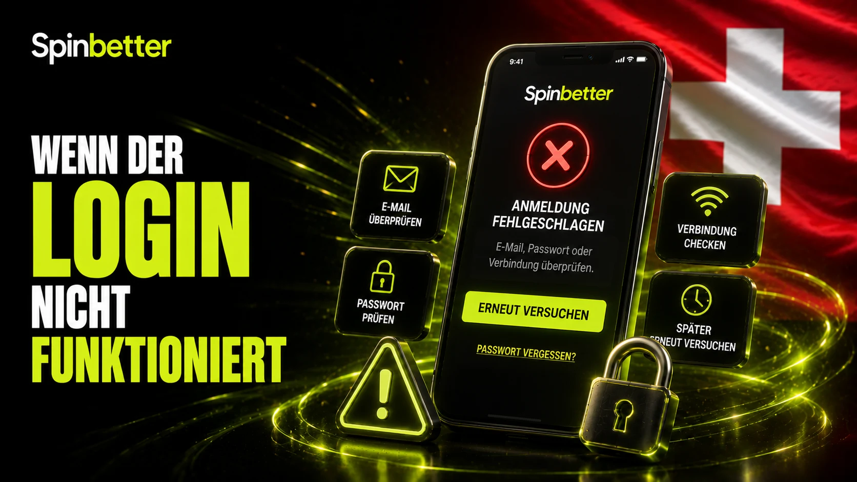 Smartphone mit Hinweis «Anmeldung fehlgeschlagen» und Symbolen für E-Mail, Passwort, Verbindung und späteren Versuch